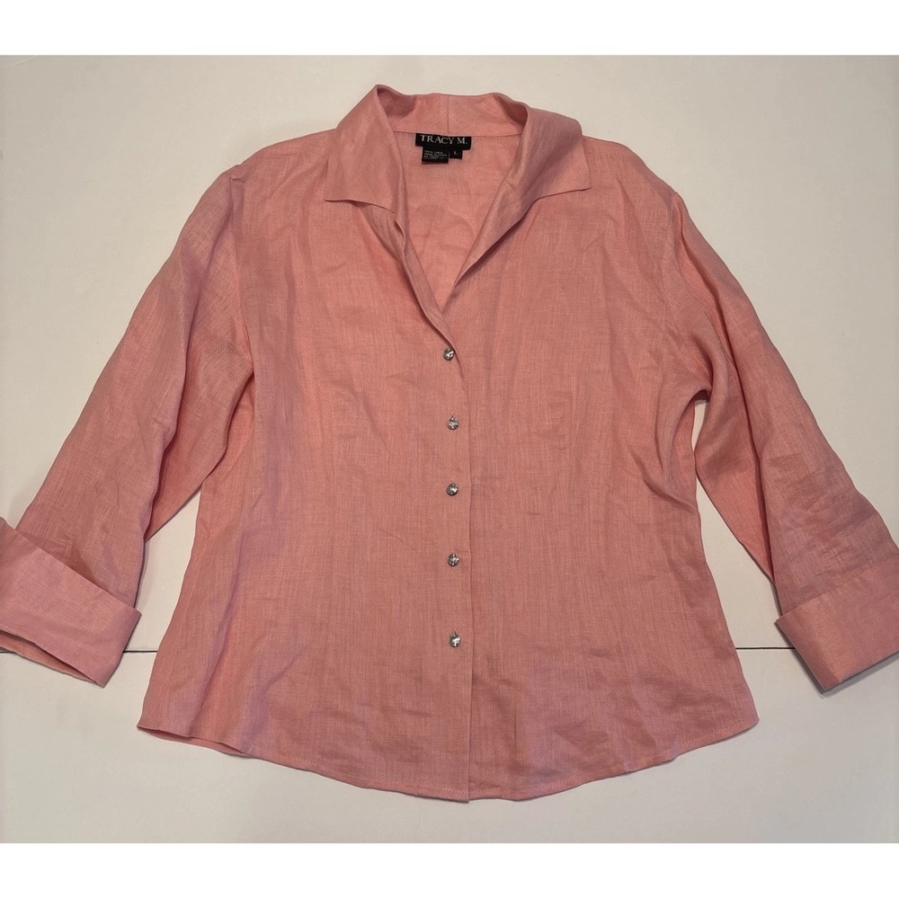 Vintage Tracy M. Pink Linen Women's Shirt Blouse Diamond Rhinestone Buttons Sz L